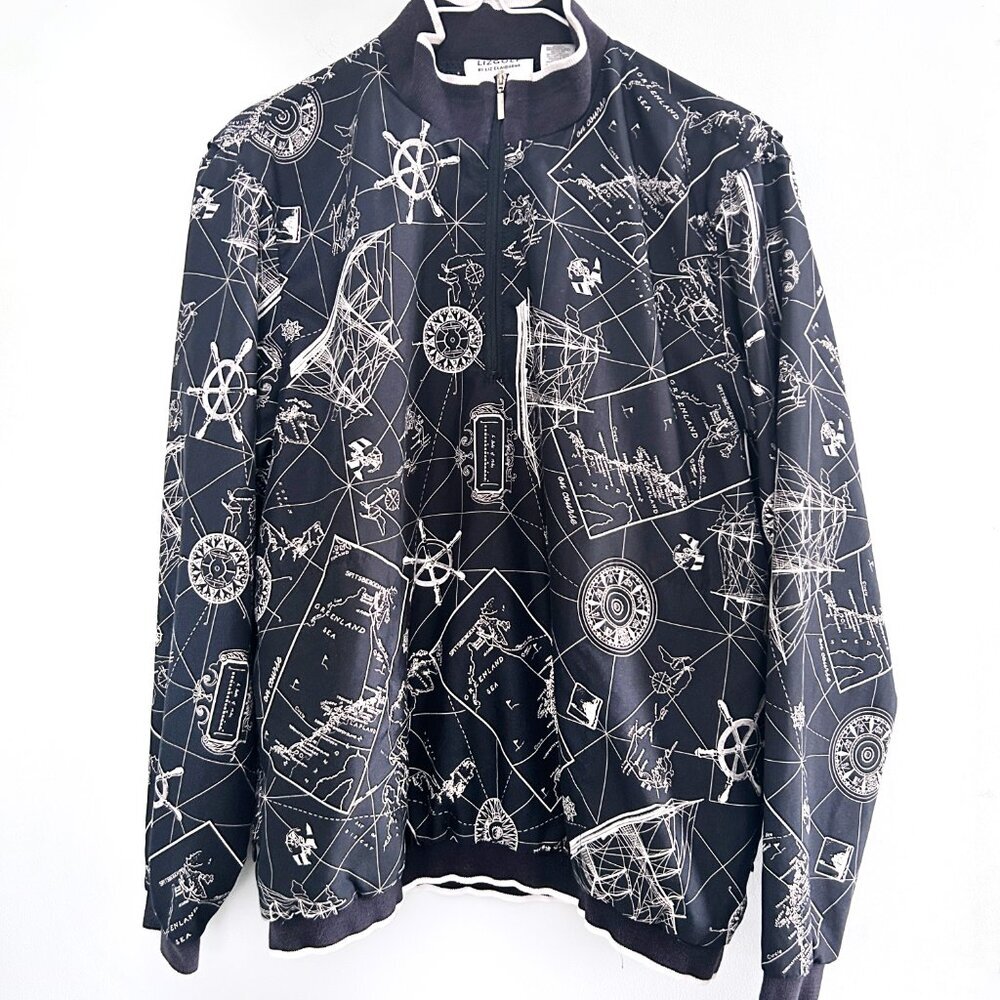 Vintage Liz Golf Nautical Map Womens M Coastal Preppy 90s Windbreaker Pullover